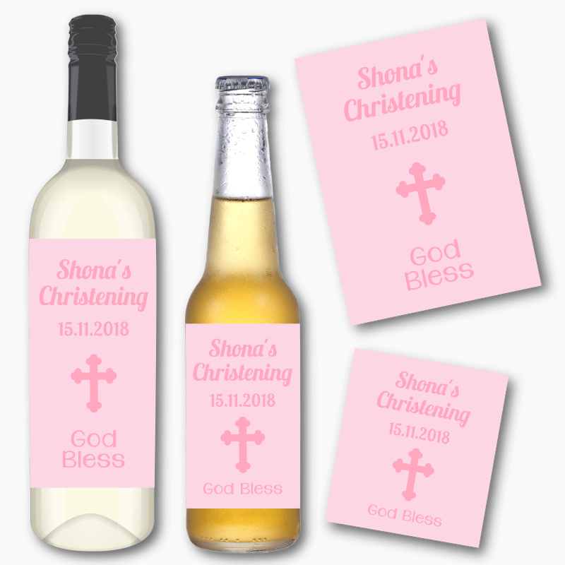 Personalised Pink Crucifix Christening Wine & Beer Labels