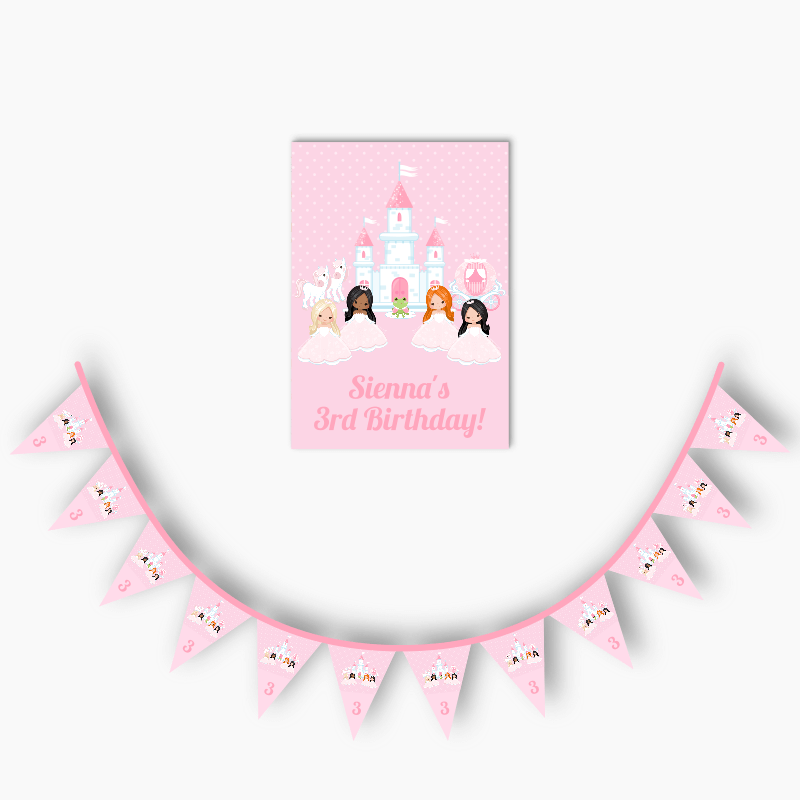 Personalised Pink Princess Birthday Party Poster &amp; Flag Bunting Combo