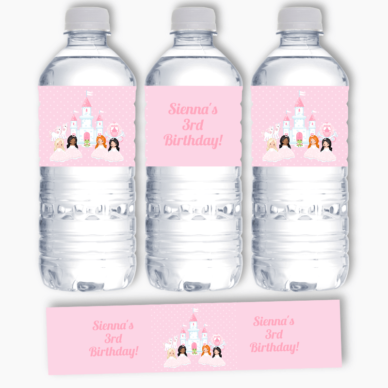 Personalised Pink Princess Birthday Party Water Bottle Labels