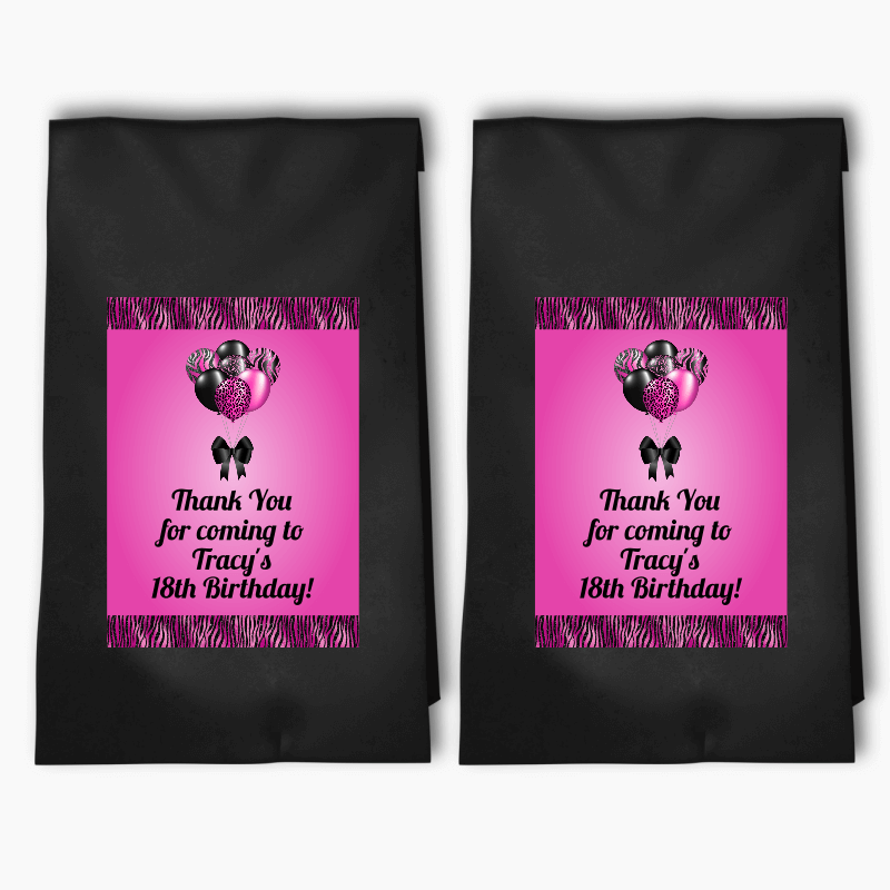 Personalised Fuchsia Pink &amp; Black Balloons Birthday Party Bags &amp; Labels