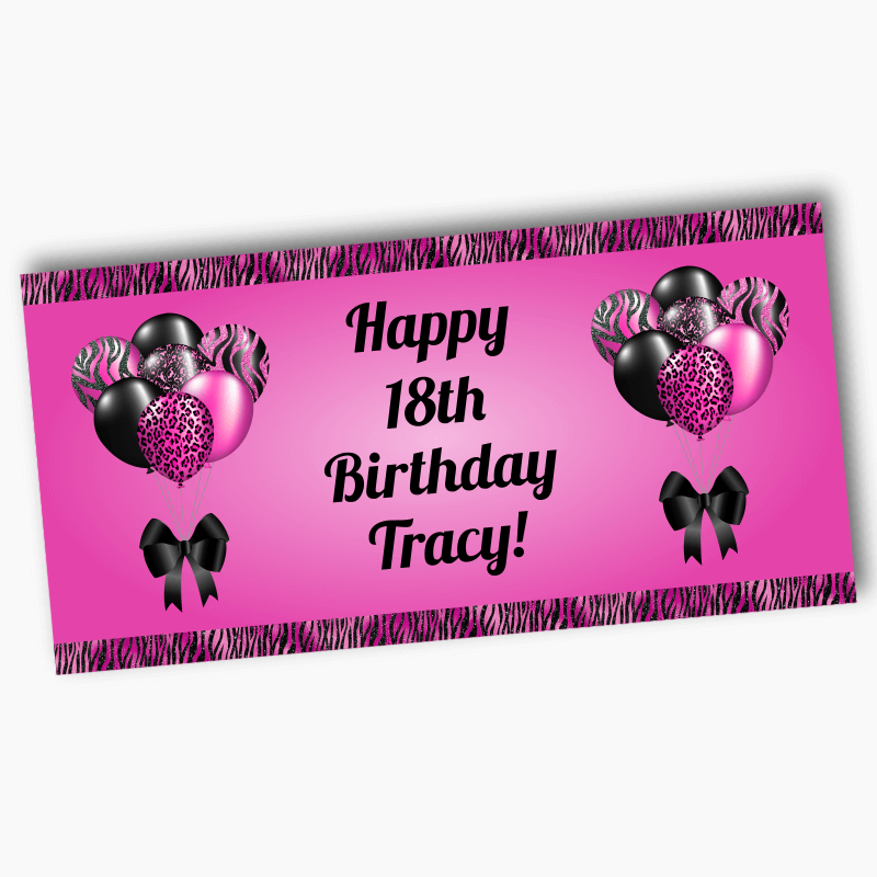 Personalised Fuchsia Pink & Black Balloons Birthday Party Banners