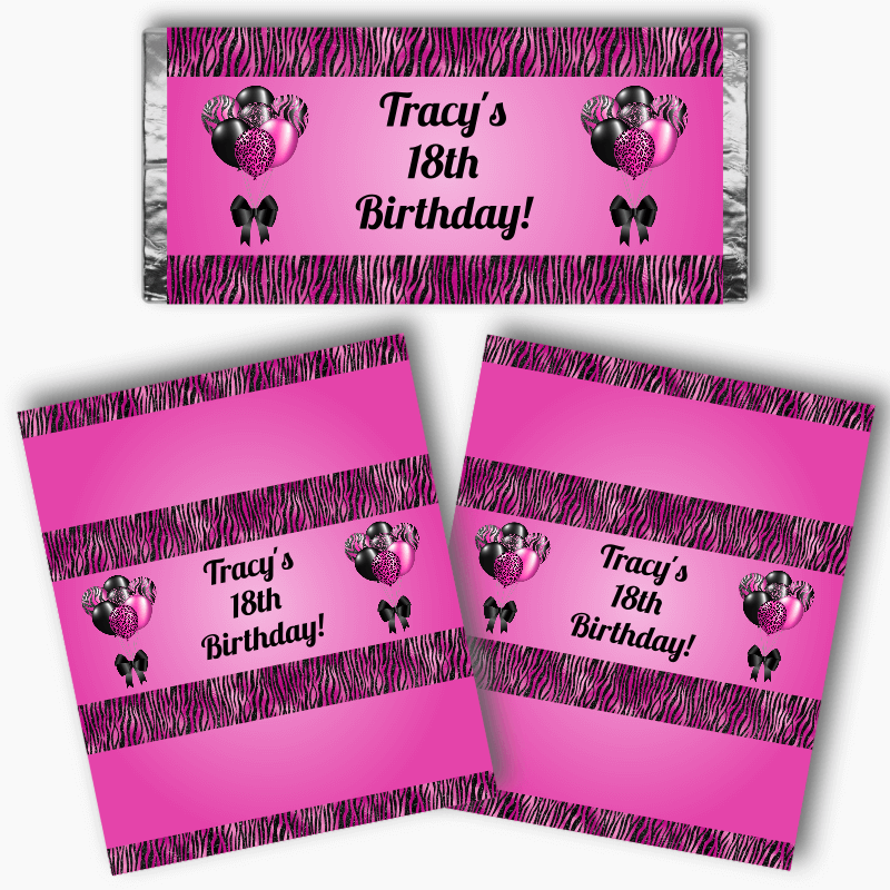 Personalised Fuchsia Pink &amp; Black Balloons Birthday Party Mini Chocolate Labels