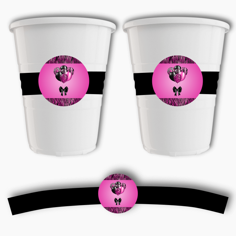Fuchsia Pink & Black Balloons Birthday Party Cup Stickers