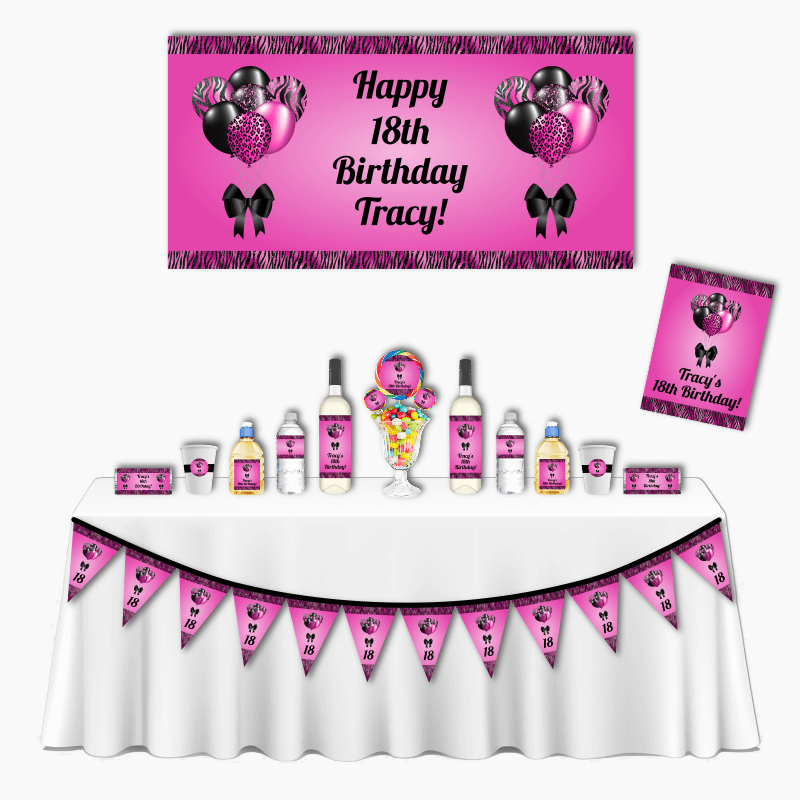 Personalised Fuchsia Pink &amp; Black Balloons Deluxe Birthday Party Decorations Pack