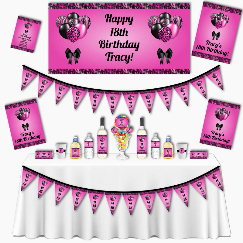 Personalised Fuchsia Pink &amp; Black Balloons Grand Birthday Party Decorations Pack