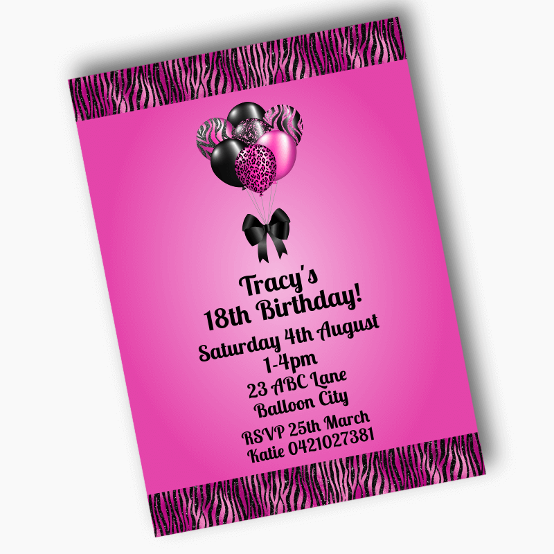 Personalised Fuchsia Pink & Black Balloons Birthday Party Invites