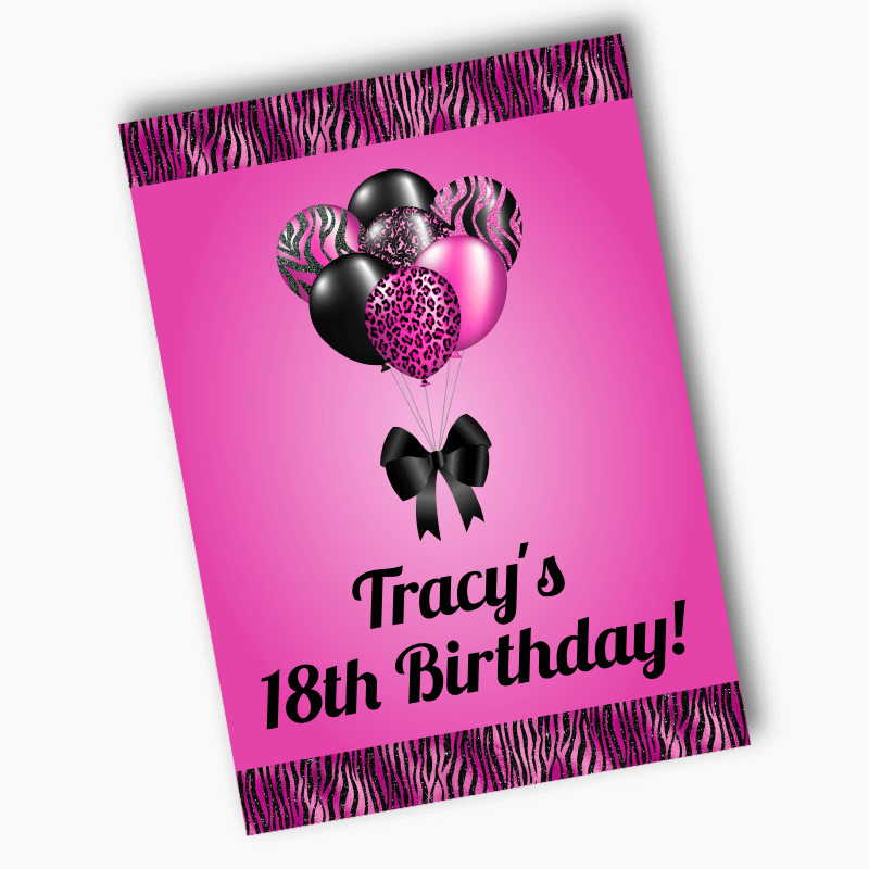 Personalised Fuchsia Pink &amp; Black Balloons Birthday Party Posters