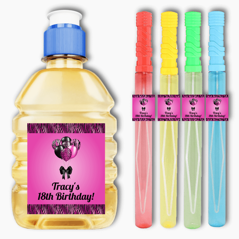 Personalised Fuchsia Pink & Black Balloons Birthday Party Rectangle Favour Stickers