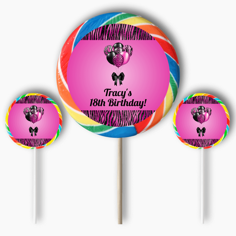 Personalised Fuchsia Pink & Black Balloons Birthday Party Round Stickers