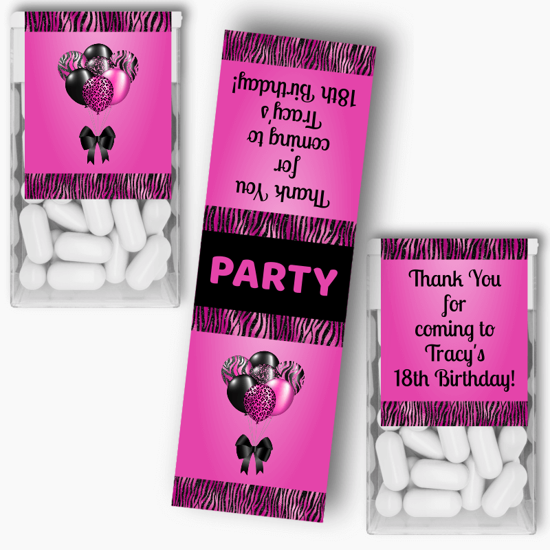 Personalised Fuchsia Pink &amp; Black Balloons Birthday Party Tic Tac Labels
