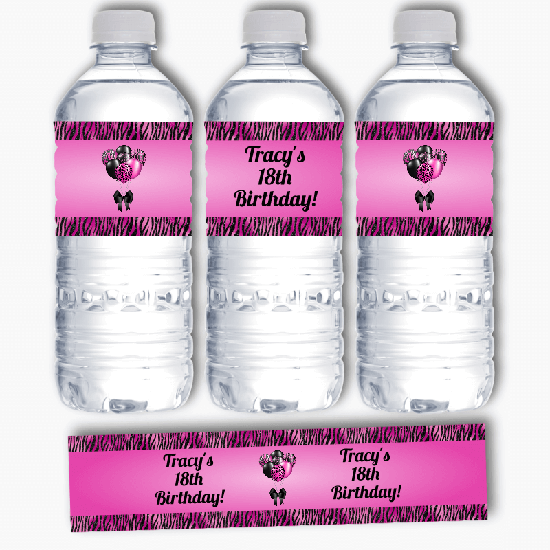 Personalised Fuchsia Pink &amp; Black Balloons Birthday Party Water Bottle Labels