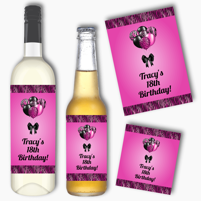 Personalised Fuchsia Pink &amp; Black Balloons Birthday Party Wine &amp; Beer Labels