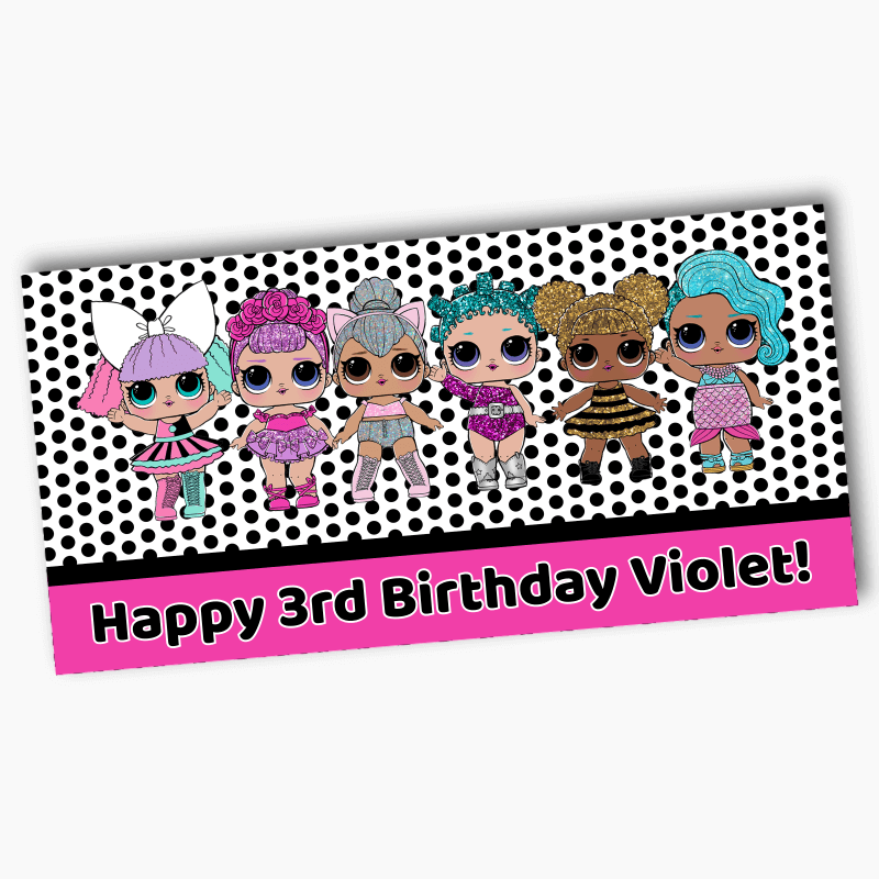 Pink &amp; Black Spot LOL Dolls Birthday Party Banner