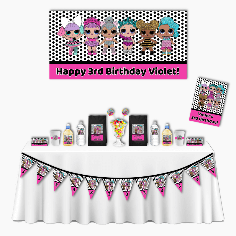 Personalised Pink &amp; Black Spot LOL Dolls Deluxe Birthday Party Pack