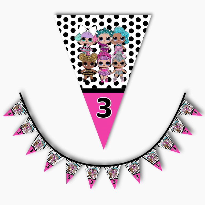Pink &amp; Black Spot LOL Dolls Birthday Party Flag Bunting