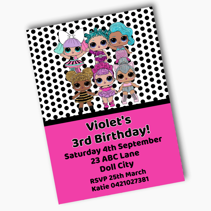 Pink &amp; Black Spot LOL Dolls Birthday Party Invites