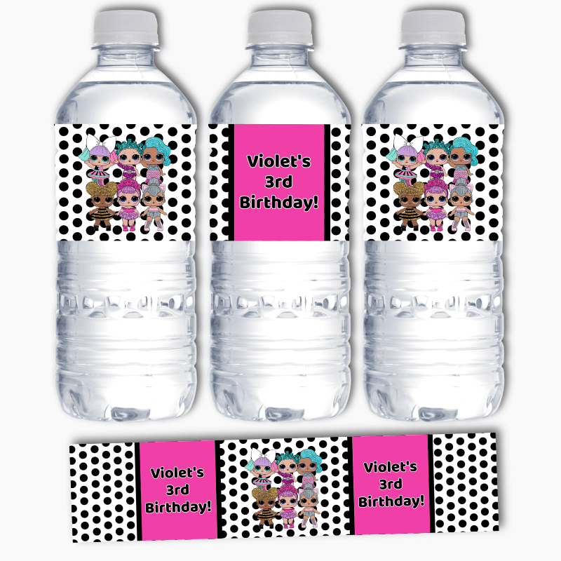 Pink &amp; Black Spot LOL Dolls Birthday Party Water Labels