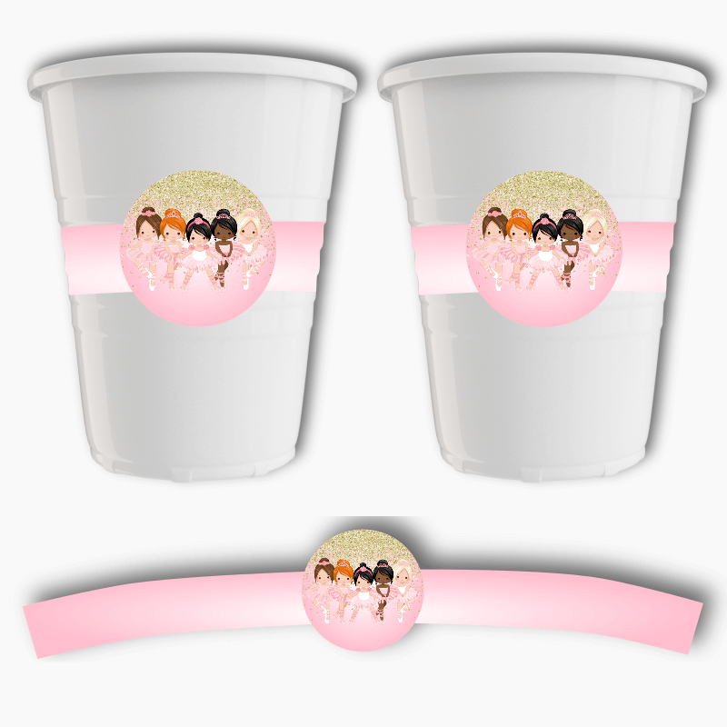 Pink & Gold Ballerina Birthday Party Cup Stickers