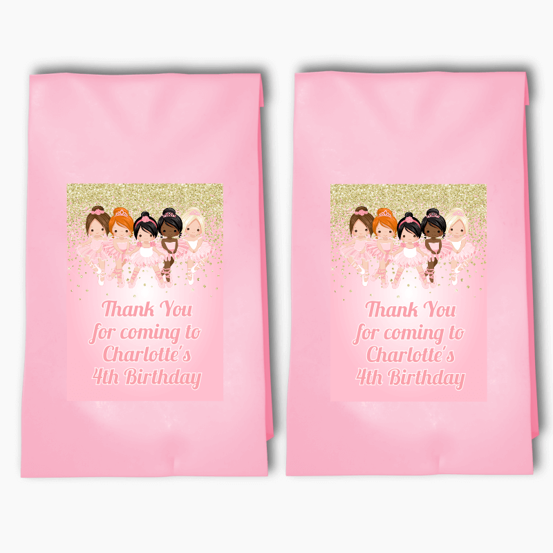 Personalised Pink & Gold Ballerina Birthday Party Bags & Labels