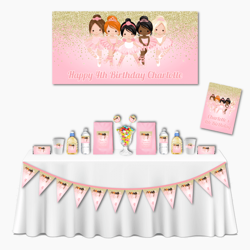 Personalised Pink &amp; Gold Ballerina Deluxe Birthday Party Decorations Pack
