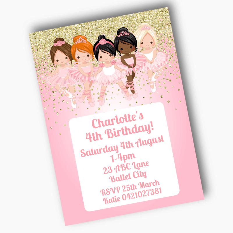 Personalised Pink & Gold Ballerina Birthday Party Invites