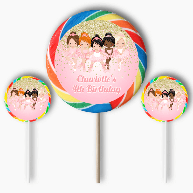 Personalised Pink & Gold Ballerina Birthday Party Round Stickers