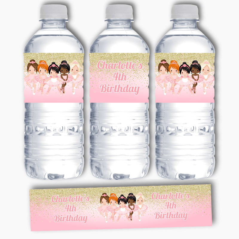 Personalised Pink & Gold Ballerina Birthday Party Water Bottle Labels
