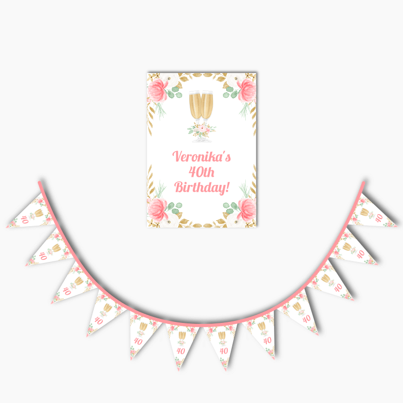 Personalised Pink &amp; Gold Floral Birthday Party Poster &amp; Flag Bunting Combo