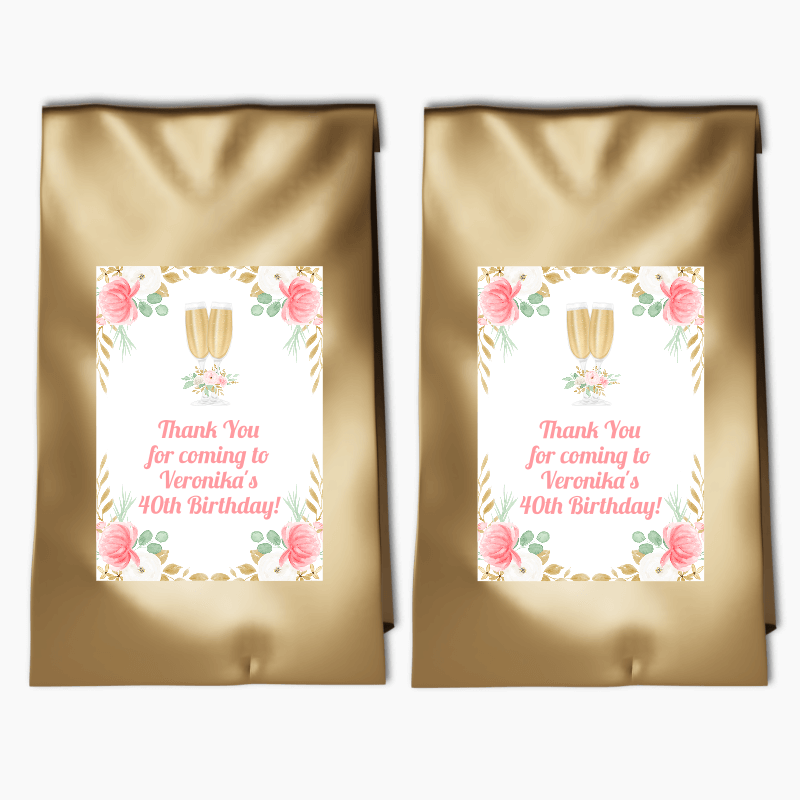Personalised Pink &amp; Gold Floral Birthday Party Bags &amp; Labels