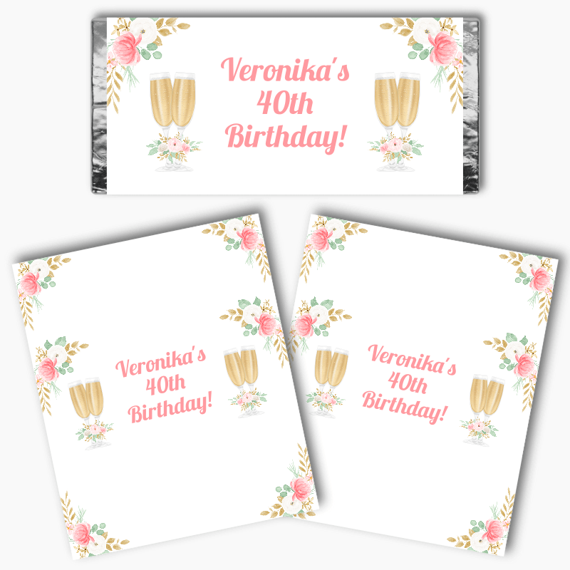 Personalised Pink & Gold Floral Birthday Party Mini Chocolate Labels