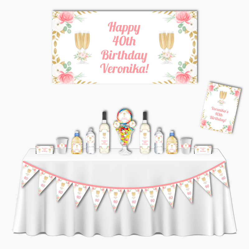 Personalised Pink &amp; Gold Floral Deluxe Birthday Party Decorations Pack