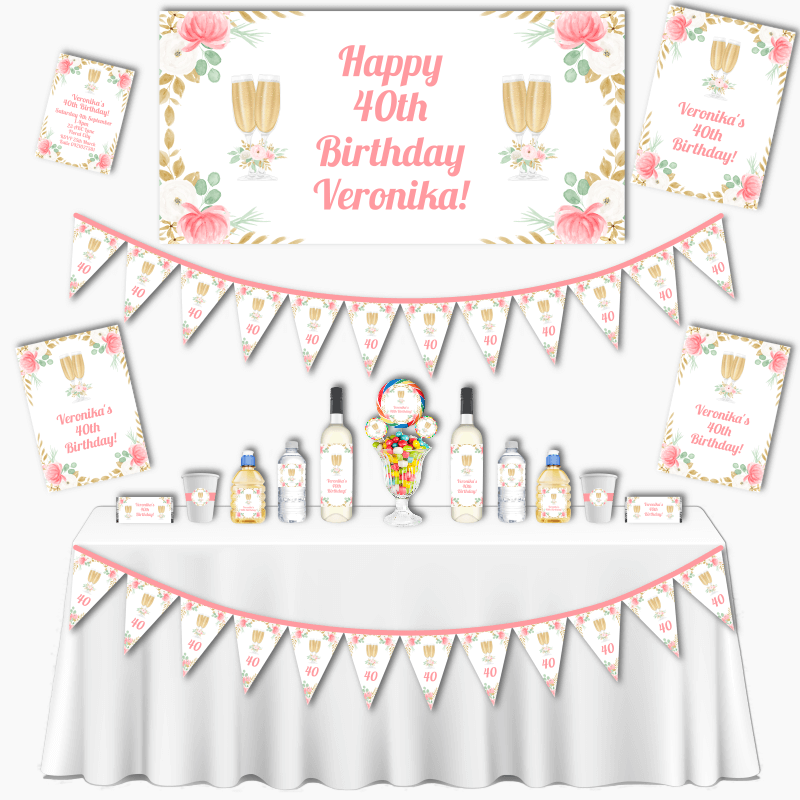 Personalised Pink &amp; Gold Floral Grand Birthday Party Decorations Pack