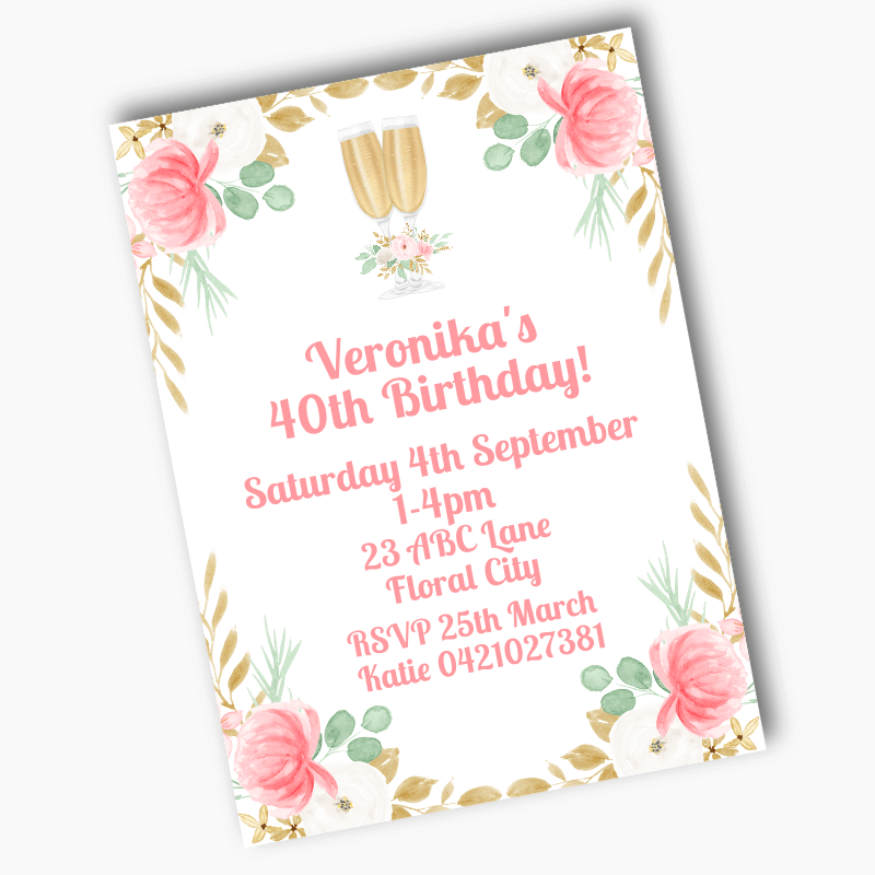 Personalised Pink &amp; Gold Floral Birthday Party Invites