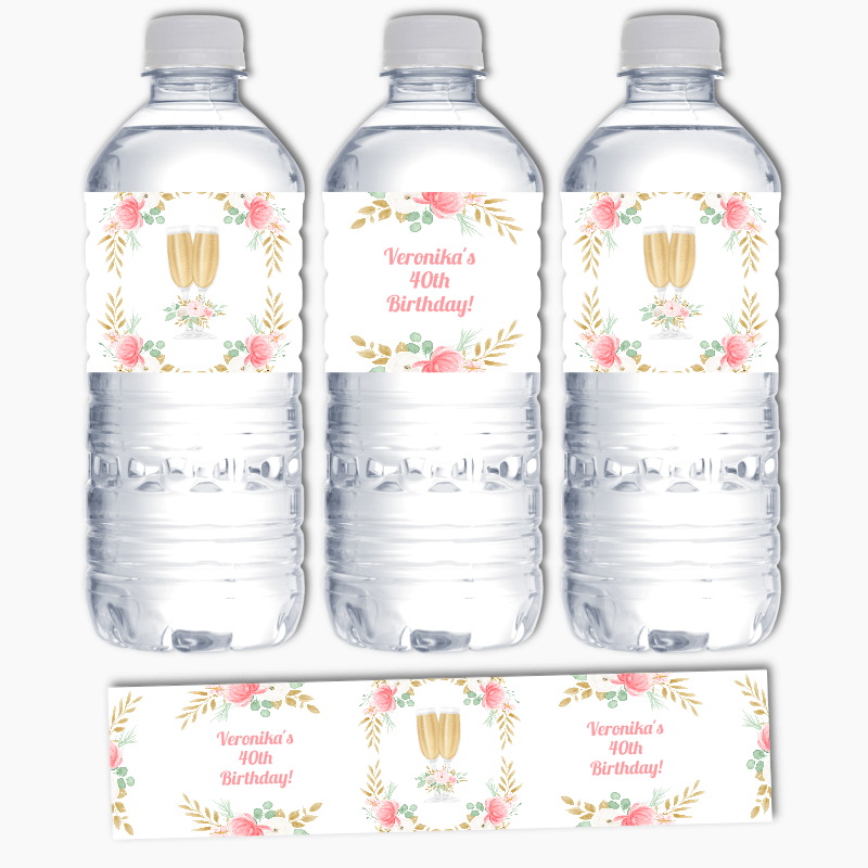 Personalised Pink & Gold Floral Birthday Party Water Bottle Labels