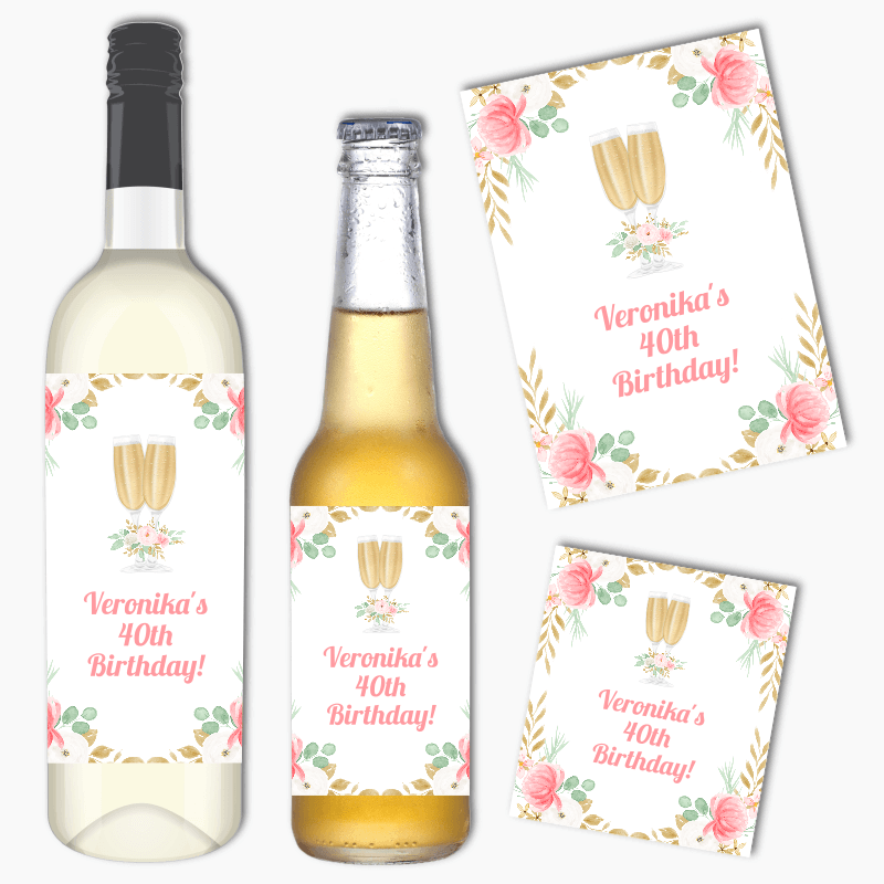 Personalised Pink &amp; Gold Floral Birthday Party Wine &amp; Beer Labels