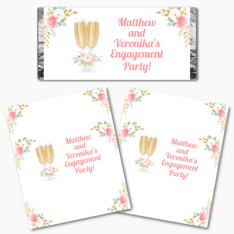 Personalised Pink &amp; Gold Floral Engagement Party Mini Chocolate Labels