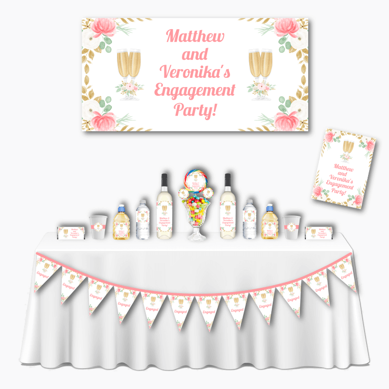 Personalised Pink &amp; Gold Floral Deluxe Engagement Party Decorations Pack