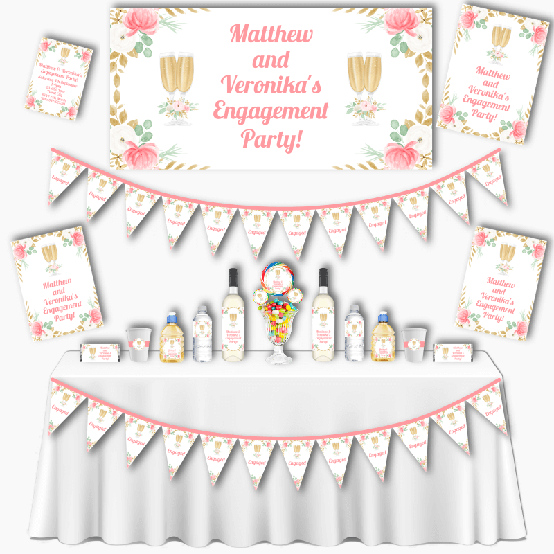 Personalised Pink &amp; Gold Floral Grand Engagement Party Decorations Pack