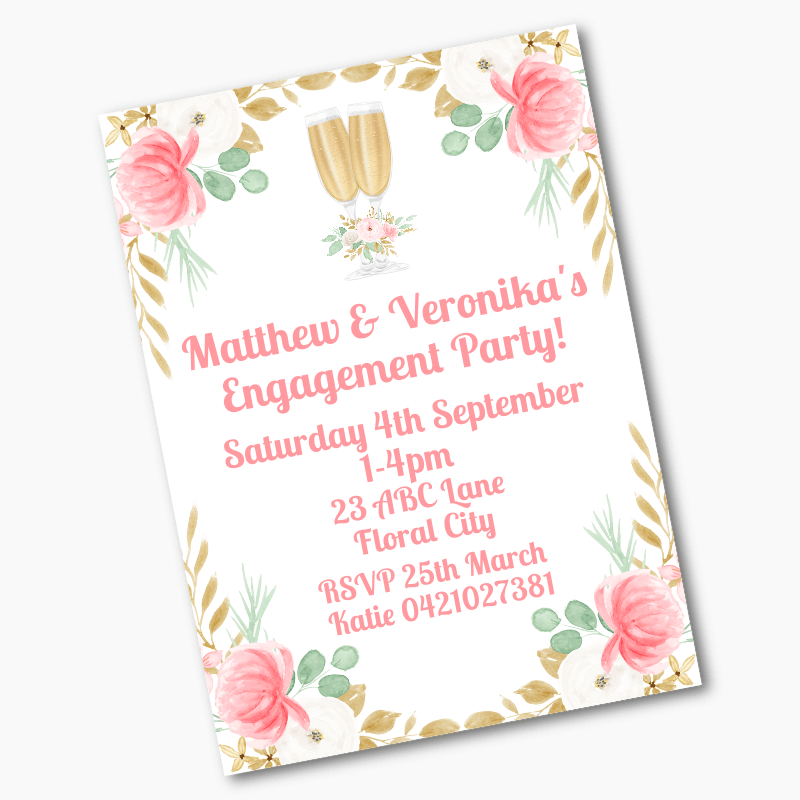Personalised Pink &amp; Gold Floral Engagement Party Invites