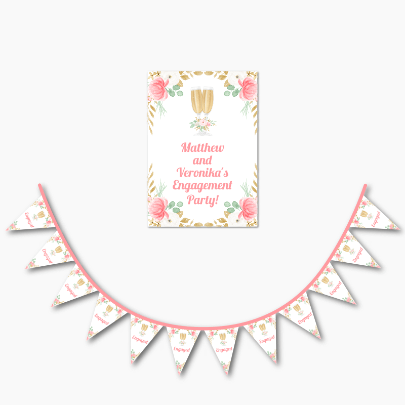 Pink &amp; Gold Floral Engagement Party Poster &amp; Bunting Combo