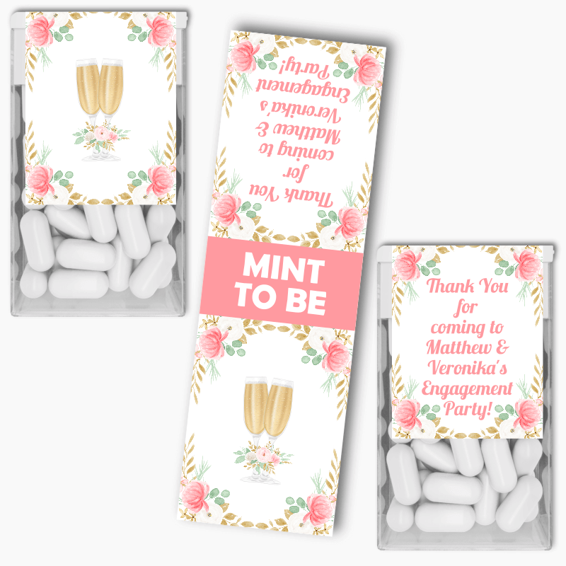 Personalised Pink &amp; Gold Floral Engagement Party Tic Tac Labels