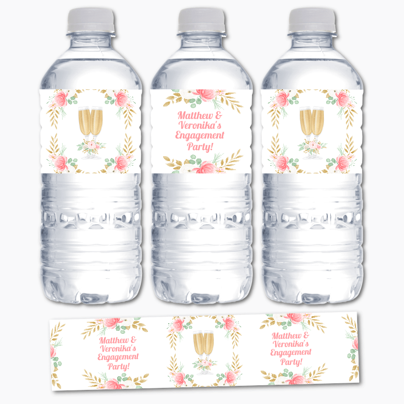 Personalised Pink & Gold Floral Engagement Party Water Labels