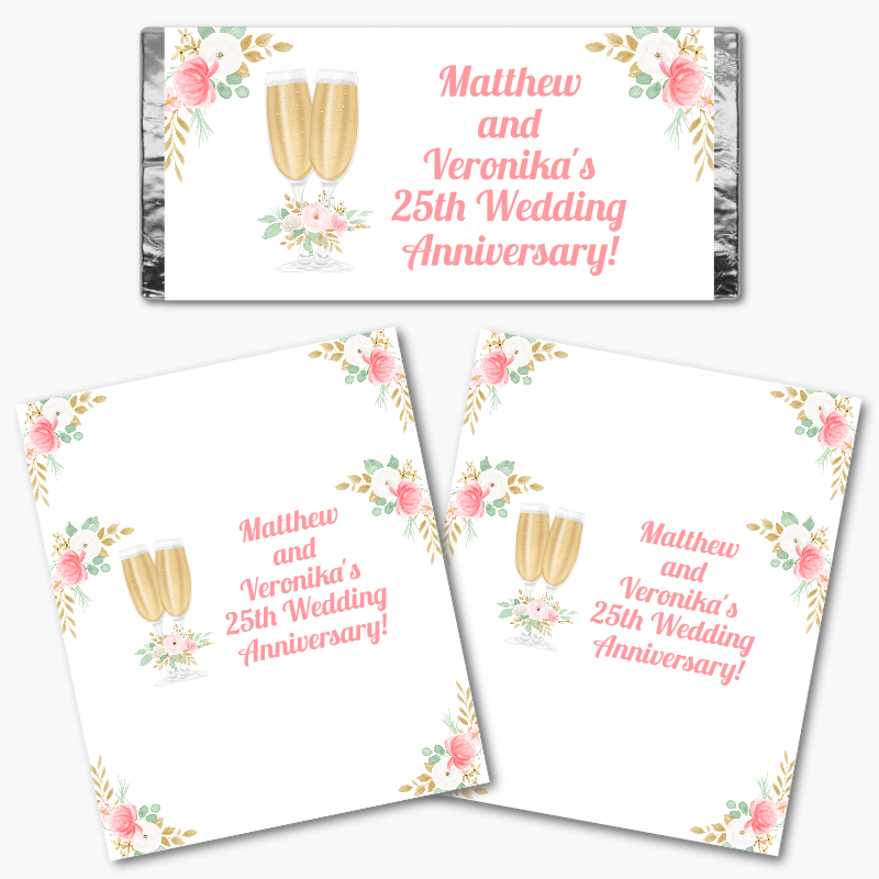 Personalised Pink &amp; Gold Floral Wedding Anniversary Mini Chocolate Labels