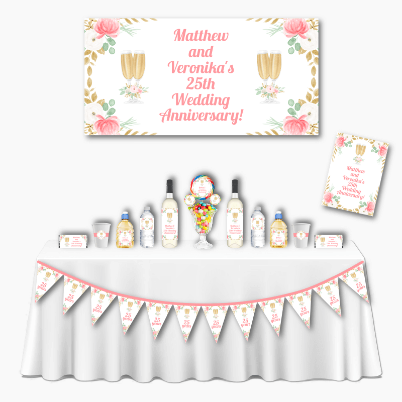 Personalised Pink &amp; Gold Floral Deluxe Wedding Anniversary Decorations Pack