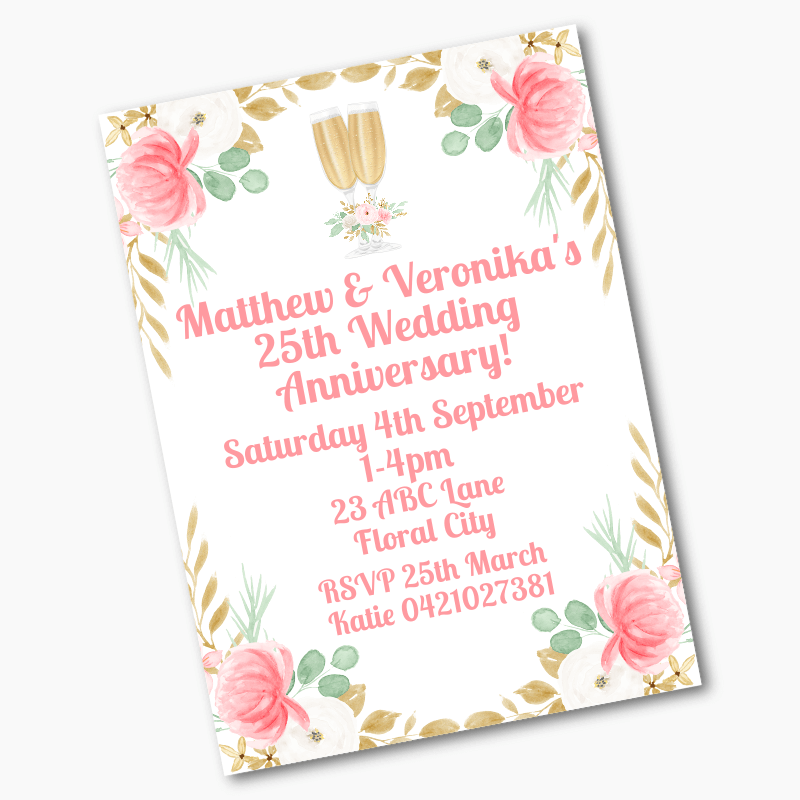Personalised Pink & Gold Floral Wedding Anniversary Invites
