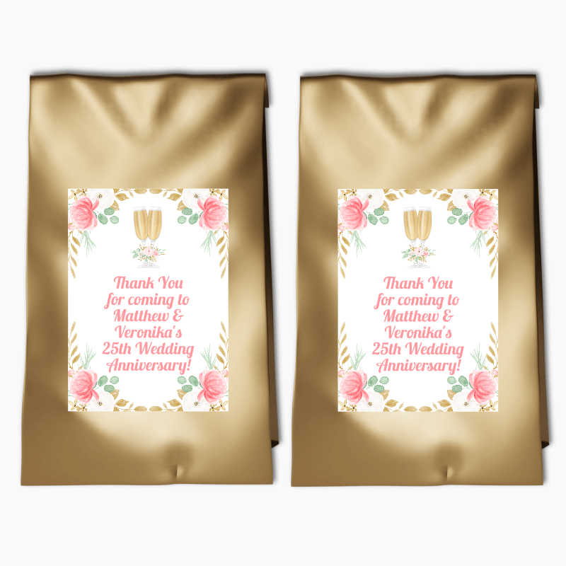 Personalised Pink &amp; Gold Floral Wedding Anniversary Party Bags &amp; Labels