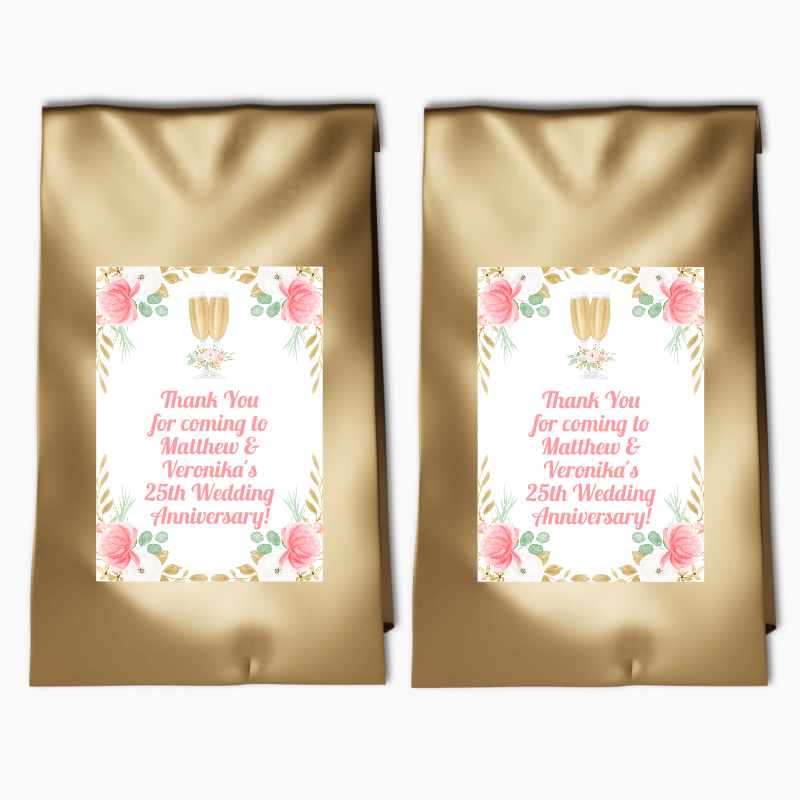 Personalised Pink & Gold Floral Wedding Anniversary Party Bags & Labels