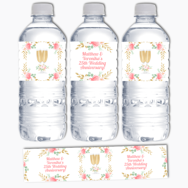 Personalised Pink & Gold Floral Wedding Anniversary Water Labels