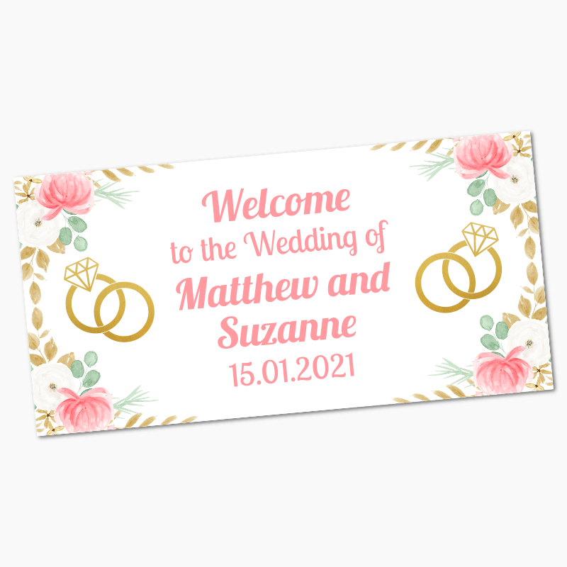 Personalised Pink &amp; Gold Floral Wedding Banners