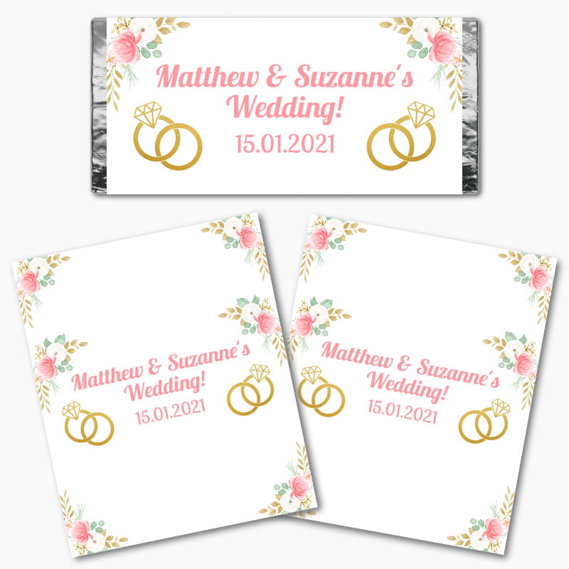 Personalised Pink &amp; Gold Floral Wedding Mini Chocolate Labels